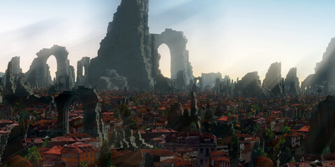 Temple ruins. Medieval stylized scenery. Morning light. © Jakub