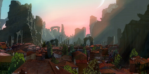 Temple ruins. Medieval stylized scenery. Morning light. © Jakub