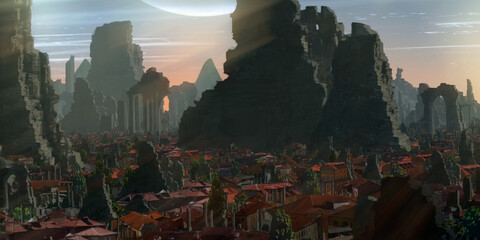Temple ruins. Medieval stylized scenery. Morning light. © Jakub