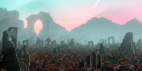Temple ruins. Medieval stylized scenery. Morning light. © Jakub