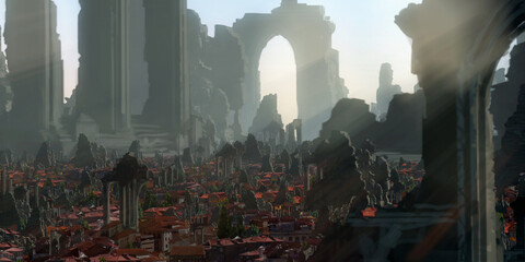 Temple ruins. Medieval stylized scenery. Morning light.