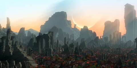 Temple ruins. Medieval stylized scenery. Morning light. © Jakub