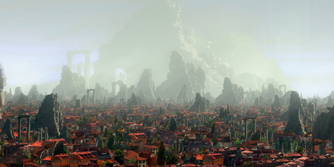 Temple ruins. Medieval stylized scenery. Morning light.