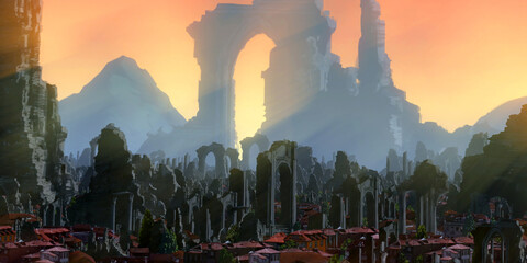 Temple ruins. Medieval stylized scenery. Morning light. © Jakub