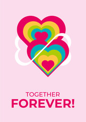 Valentine's day card with two hearts united by an infinity sign. Flat style, geometry, minimalism, simplicity. Background, poster, banner, flyer, congratulation, invitation