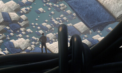Dream like abstract imaginary image. 2d illustration. Human standing on an edge. Imaginary world. Alternative realm. © Jakub