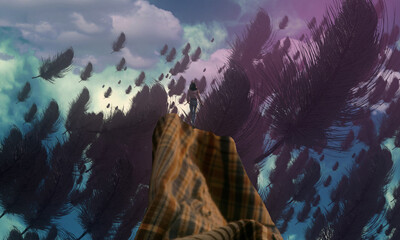 Dream like abstract imaginary image. 2d illustration. Human standing on an edge. Imaginary world. Alternative realm.