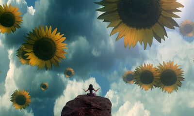 Dream like abstract imaginary image. 2d illustration. Human standing on an edge. Imaginary world. Alternative realm. © Jakub