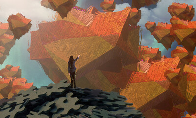 Dream like abstract imaginary image. 2d illustration. Human standing on an edge. Imaginary world. Alternative realm. © Jakub