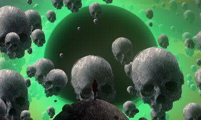 Dream like abstract imaginary image. 2d illustration. Human standing on an edge. Imaginary world. Alternative realm. © Jakub