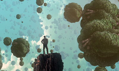 Imaginary world. Surreal alternative realm. Dream like abstract imaginary image. 2d illustration. Human standing on an edge. © Jakub