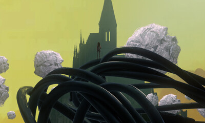 Imaginary world. Surreal alternative realm. Dream like abstract imaginary image. 2d illustration. Human standing on an edge. © Jakub