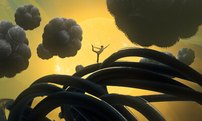 Human standing on an edge. Imaginary world. Alternative realm. Surrealism. Dream like abstract imaginary image. © Jakub