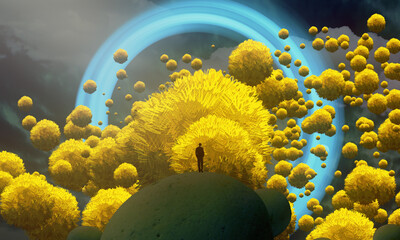 Human standing on an edge. Imaginary world. Alternative realm. Surrealism. Dream like abstract imaginary image. © Jakub