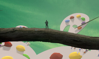 Human standing on an edge. Imaginary world. Alternative realm. Surrealism. Dream like abstract imaginary image. © Jakub