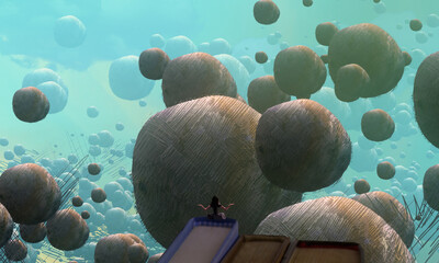 Human standing on an edge. Imaginary world. Alternative realm. Surrealism. Dream like abstract imaginary image. © Jakub