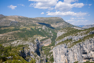 Fototapeta na wymiar The steep cliffs and countryside of Gorges du Verdon in Europe, France, Provence Alpes Cote dAzur, Var, in summer on a sunny day.