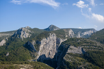 The panoramic view of the Gorges du Verdon and its green vegetation in Europe, France, Provence Alpes Cote dAzur, Var, in summer, on a sunny day.