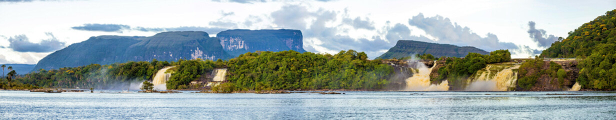 Scenic panoramic view of waterfalls from Carrao river in Canaima national Park Venezuela
