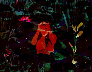 Ilustracja abstrakcja w ciemnych kolorach młoda kobieta w wodzie © Monika
