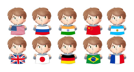 Illustration of boy with flag in the hands of different countries