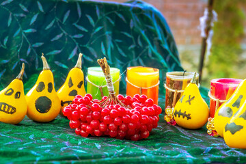 Orange pumpkins halloween decorate on blue background