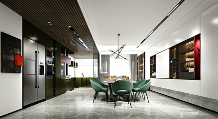 3d render of kitchen and dining room