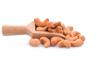 Close-up Three Roasted cashew nuts isolated on white background. Clipping path.