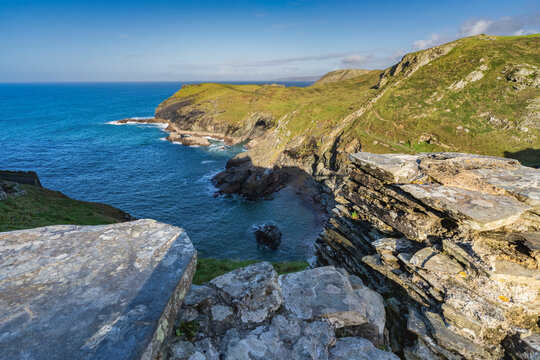 View of coastline with cliffs near Tintagel Castle, Cornwall, UK.