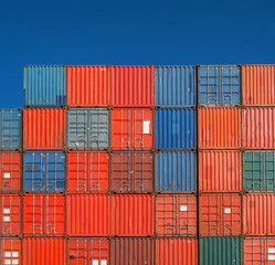 Grid of shipping containers stacked against a blue sky