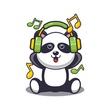 Cute panda  listening music with headphone. Cute cartoon animal illustration.