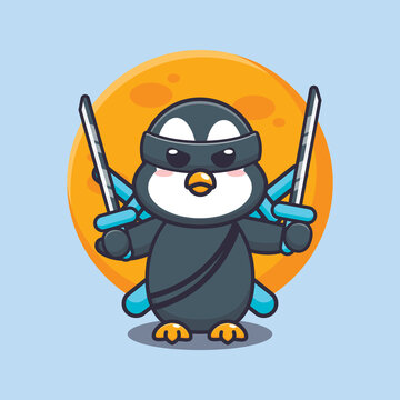 Cute penguin ninja. Cute cartoon animal illustration. Cute cartoon animal illustration.