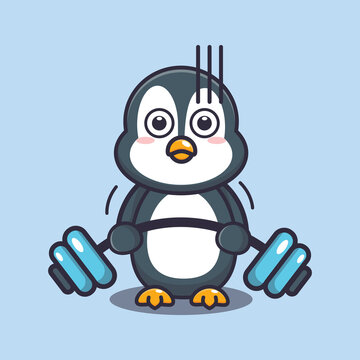 Cute penguin lifting barbell. Cute cartoon animal illustration.