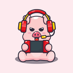 Fototapeta premium Cute pig playing a game. Cute cartoon animal illustration.