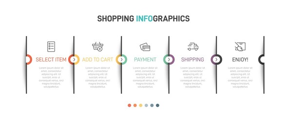 Concept of shopping process with 5 successive steps. Five colorful graphic elements. Timeline design for brochure, presentation, web site. Infographic design layout.