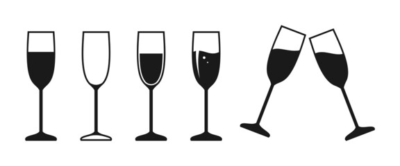 Wine champagne glass line outline contour icon set in flat style. Sign object for mobile app and website. Bar symbol, logo for company or store. Simple concept, design element. Vector illustration © Currant_Crescent