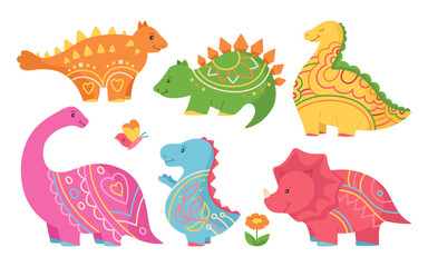 Dinosaur doodle cute set. Dino reptile childish character cartoon collection. Wildlife funny colorful dinosaurs prehistoric lizard. Kids design for fabric or textile, predators and herbivores vector