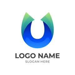 initial U logo design with 3d blue and green color style