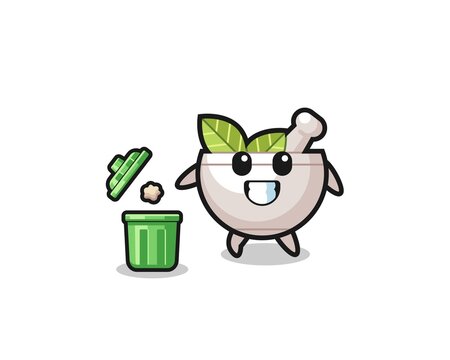 illustration of the herbal bowl throwing garbage in the trash can