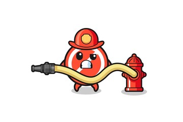 stop sign cartoon as firefighter mascot with water hose