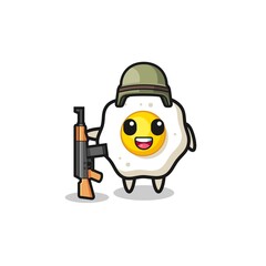 cute fried egg mascot as a soldier