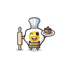 fried egg as pastry chef mascot hold rolling pin