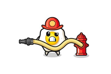 fried egg cartoon as firefighter mascot with water hose