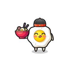fried egg as Chinese chef mascot holding a noodle bowl
