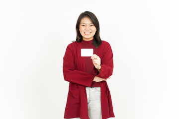 Holding and Showing Blank Credit or Bank Card Of Beautiful Asian Woman Wearing Red Shirt