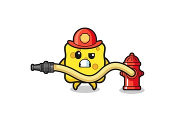 sponge cartoon as firefighter mascot with water hose