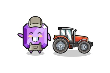 the purple gemstone farmer mascot standing beside a tractor