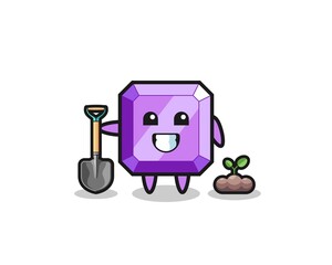 cute purple gemstone cartoon is planting a tree seed