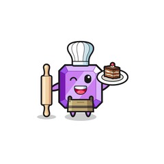 purple gemstone as pastry chef mascot hold rolling pin