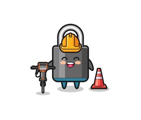 road worker mascot of padlock holding drill machine